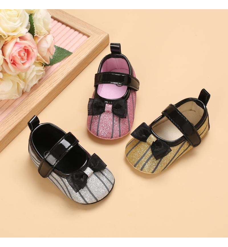 Baby Girl Bowknot Decor Striped Velcro Strap Shoes