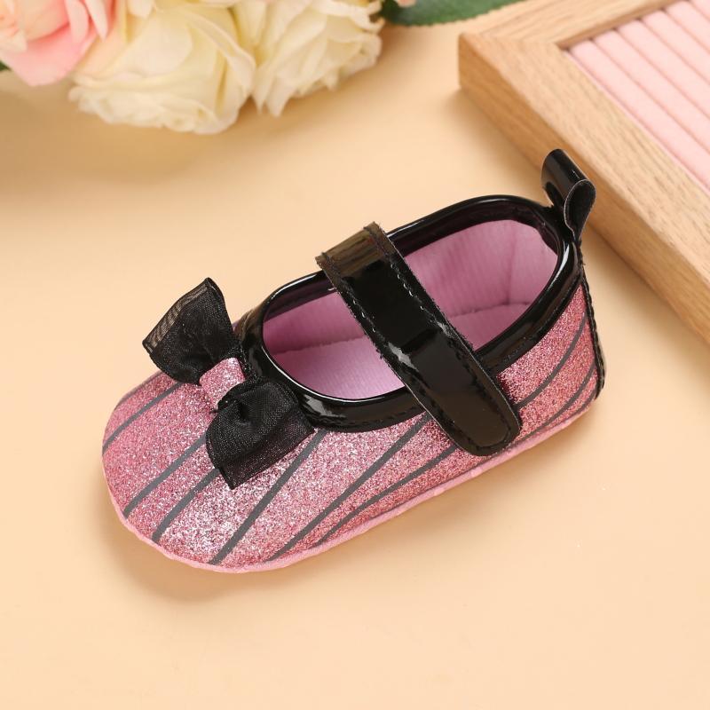 Baby Girl Bowknot Decor Striped Velcro Strap Shoes