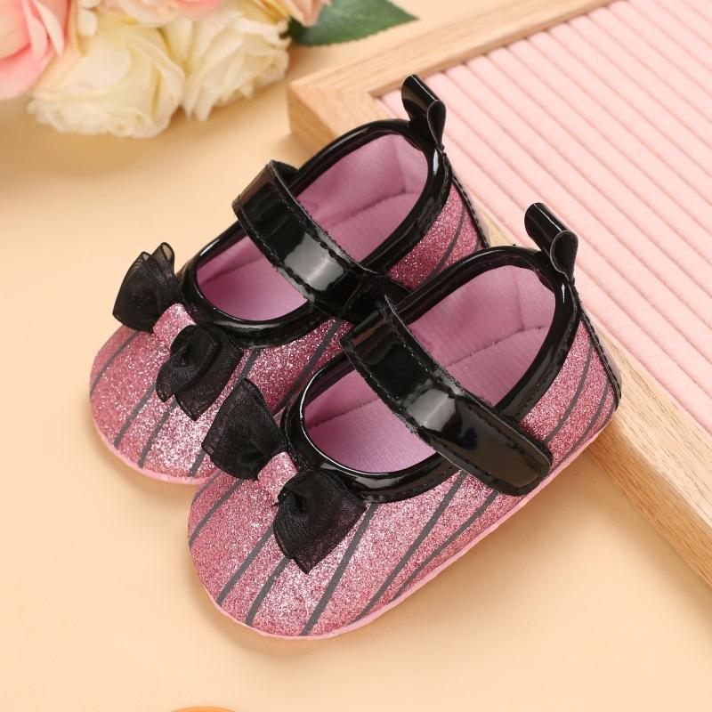 Baby Girl Bowknot Decor Striped Velcro Strap Shoes