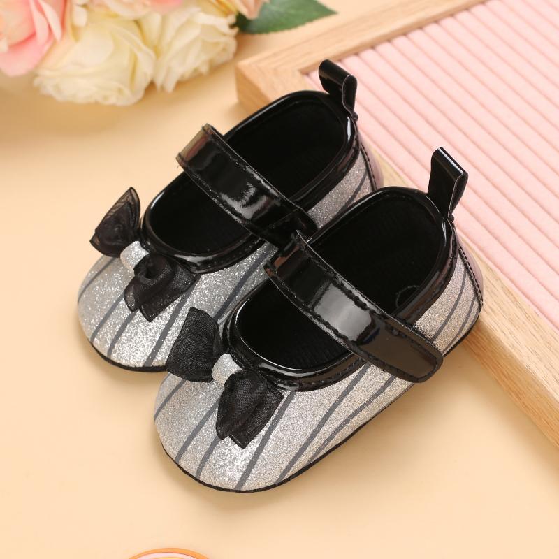 Baby Girl Bowknot Decor Striped Velcro Strap Shoes