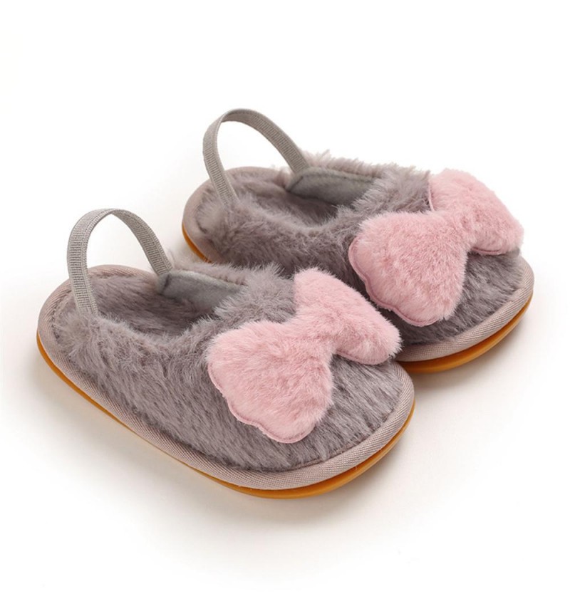 Baby Girls Fur Closed Toe Bow Decor Slip On Sandals Baby Shoes