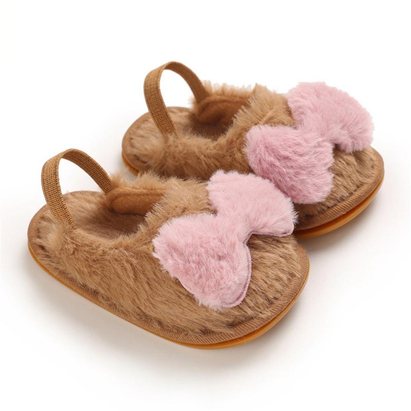 Baby Girls Fur Closed Toe Bow Decor Slip On Sandals Baby Shoes