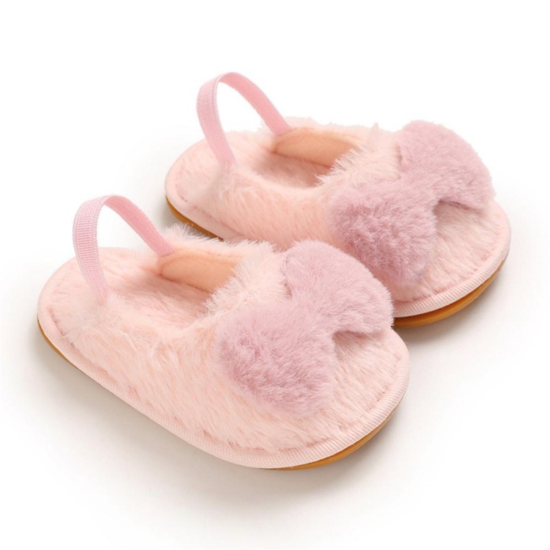 Baby Girls Fur Closed Toe Bow Decor Slip On Sandals Baby Shoes