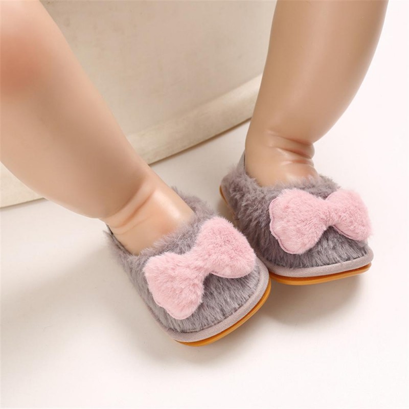 Baby Girls Fur Closed Toe Bow Decor Slip On Sandals Baby Shoes