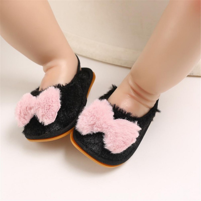 Baby Girls Fur Closed Toe Bow Decor Slip On Sandals Baby Shoes