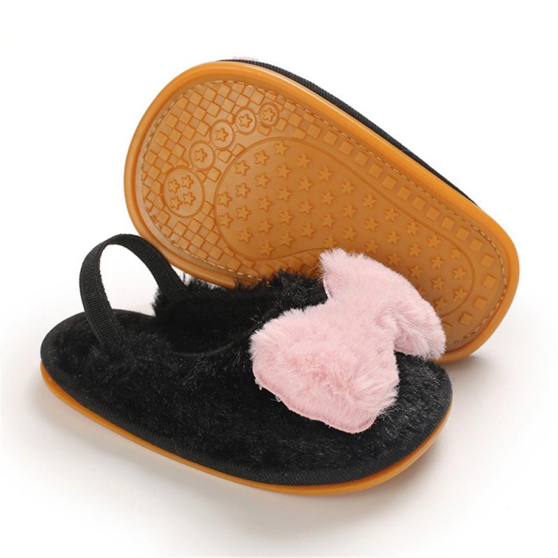 Baby Girls Fur Closed Toe Bow Decor Slip On Sandals Baby Shoes