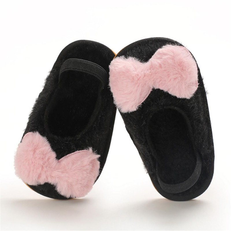 Baby Girls Fur Closed Toe Bow Decor Slip On Sandals Baby Shoes