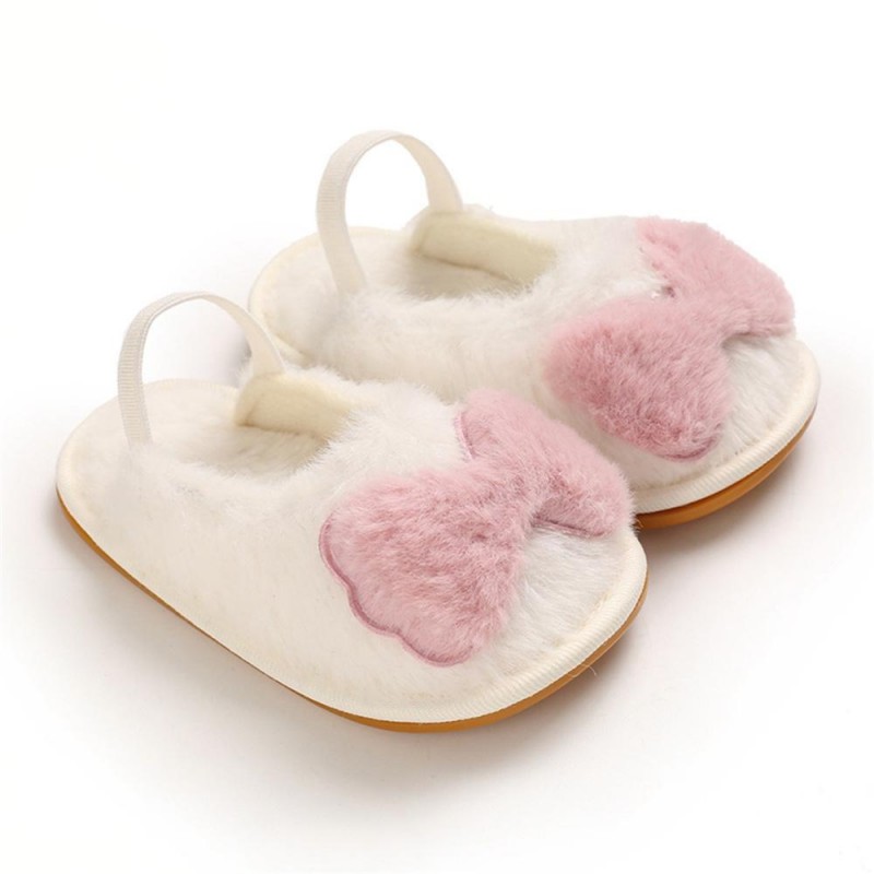Baby Girls Fur Closed Toe Bow Decor Slip On Sandals Baby Shoes