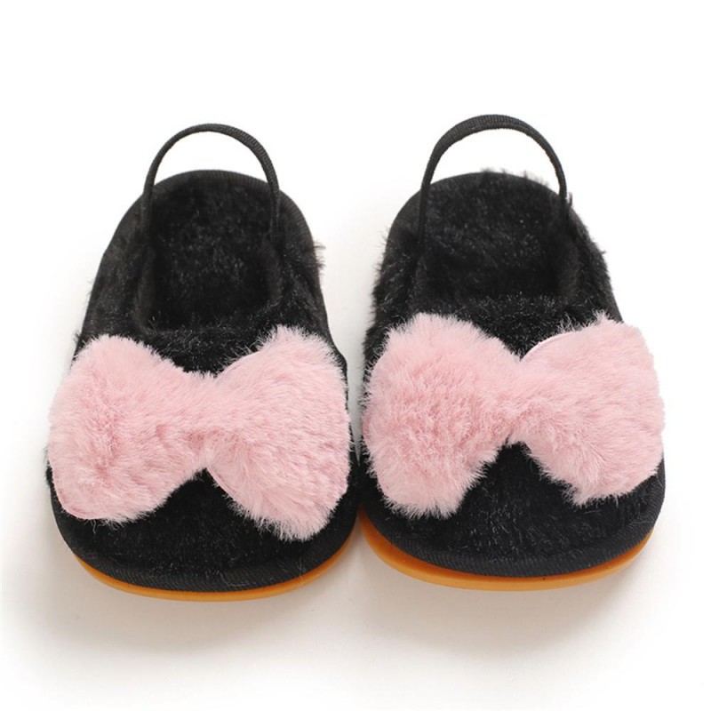 Baby Girls Fur Closed Toe Bow Decor Slip On Sandals Baby Shoes