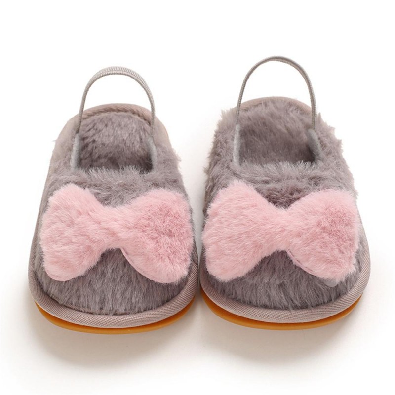 Baby Girls Fur Closed Toe Bow Decor Slip On Sandals Baby Shoes