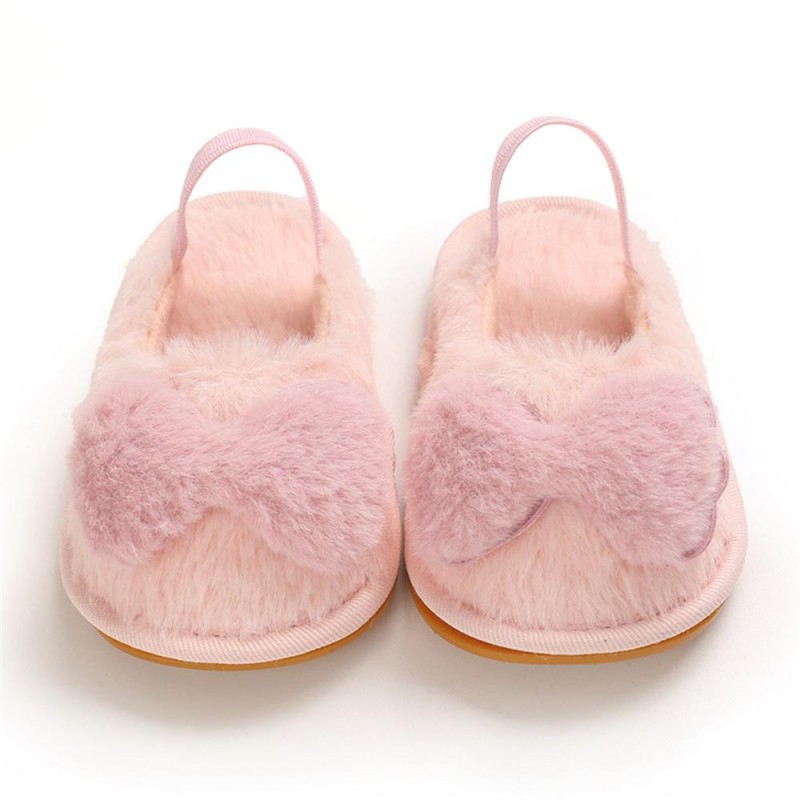 Baby Girls Fur Closed Toe Bow Decor Slip On Sandals Baby Shoes