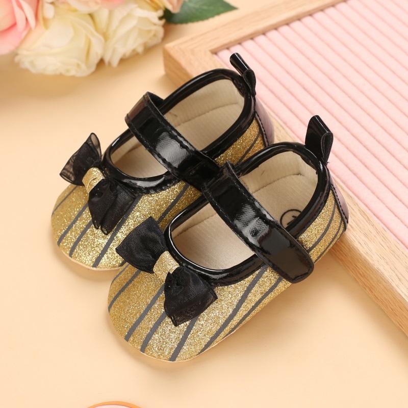 Baby Girl Bowknot Decor Striped Velcro Strap Shoes