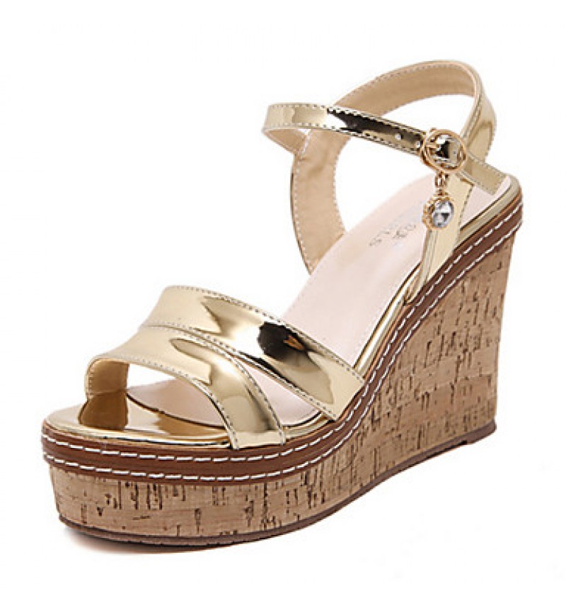 Women's Shoes PU Summer Wedges / Open Toe Sandals Dress / Casual Wedge Heel Sequin Silver / Gold
